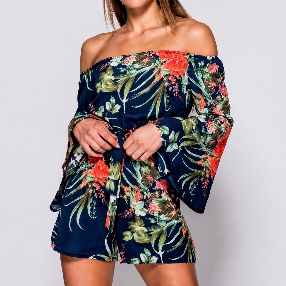 3 for $15 Tropical Floral Off Shoulder Top Navy Blue Bell Sleeve Boho festival l